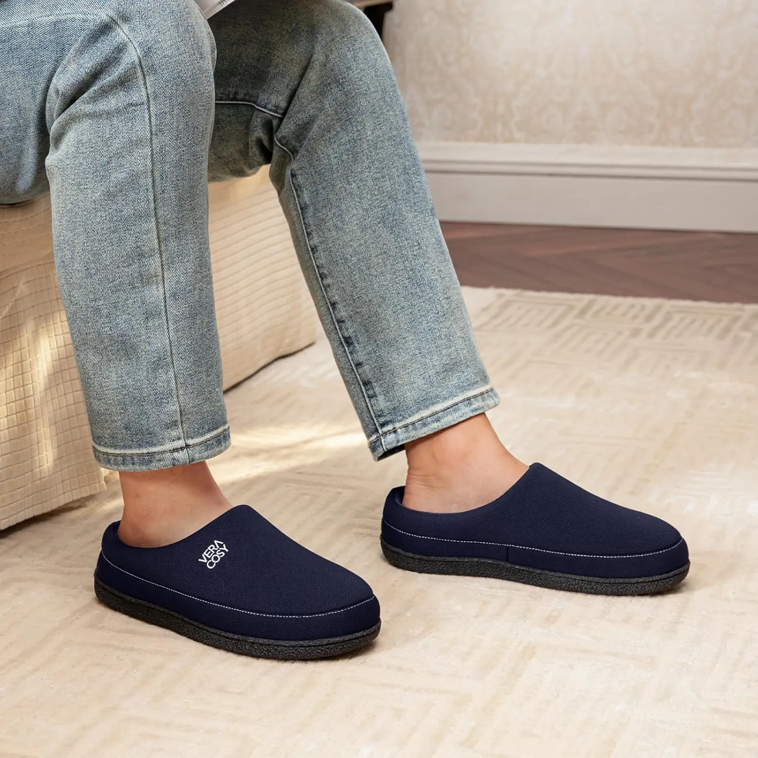 VeraCosy Men's Cozy Knit Slipper Breathable Memory Foam Indoor House Shoes with None Slip Rubber Sole