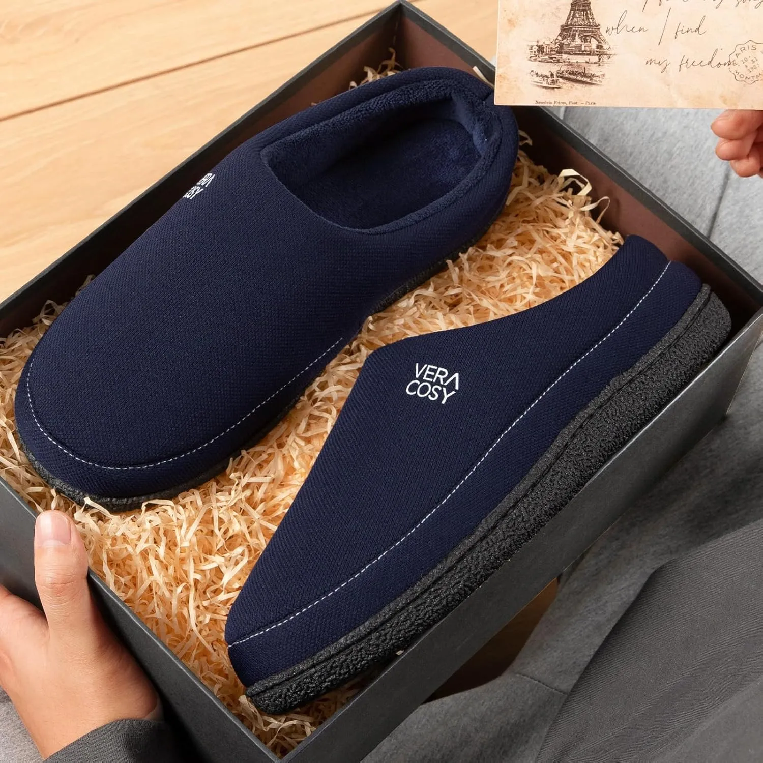 VeraCosy Men's Cozy Knit Slipper Breathable Memory Foam Indoor House Shoes with None Slip Rubber Sole