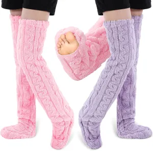 Vicenpal 2 Pairs High Fuzzy Socks over Knee Winter Leg Warmers Plush Extra Thick Slipper Socks for Women Christmas Sleeping