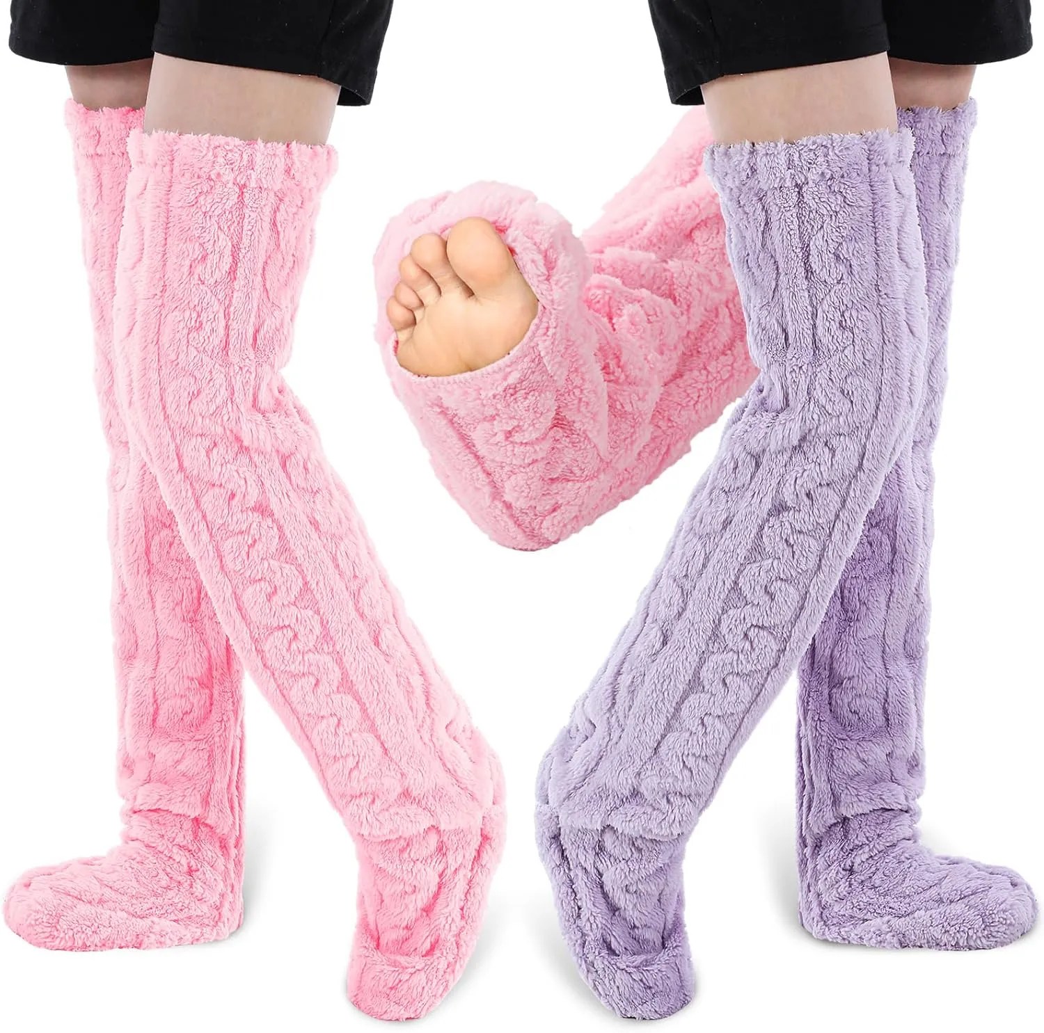 Vicenpal 2 Pairs High Fuzzy Socks over Knee Winter Leg Warmers Plush Extra Thick Slipper Socks for Women Christmas Sleeping