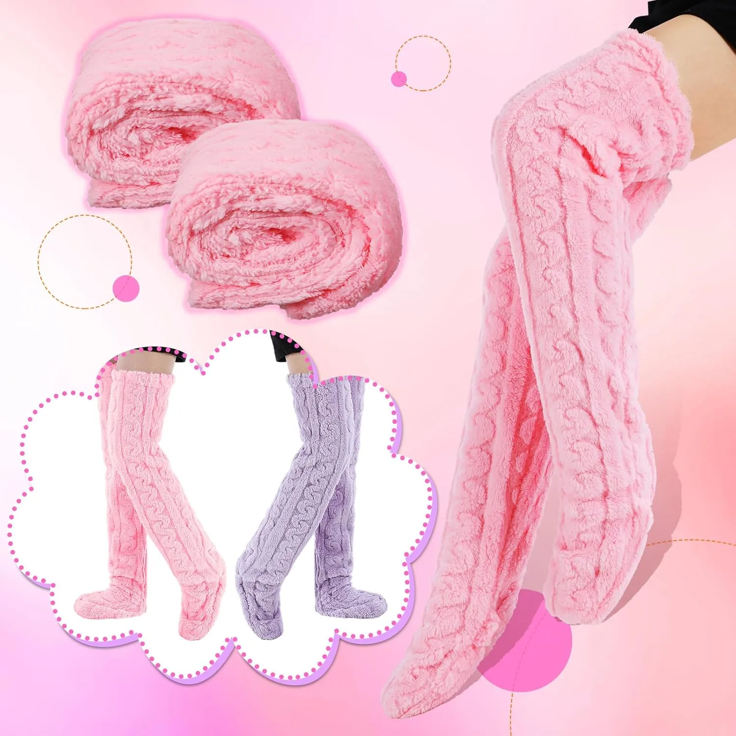 Vicenpal 2 Pairs High Fuzzy Socks over Knee Winter Leg Warmers Plush Extra Thick Slipper Socks for Women Christmas Sleeping
