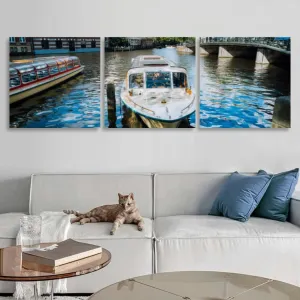View the bridge through the river channel boat front typical picture 3 Piece Canvas Wall Art for Living Room Bedroom Office Framed Prints Pictures Painting Wall Decor Artwork for Walls Set of 3