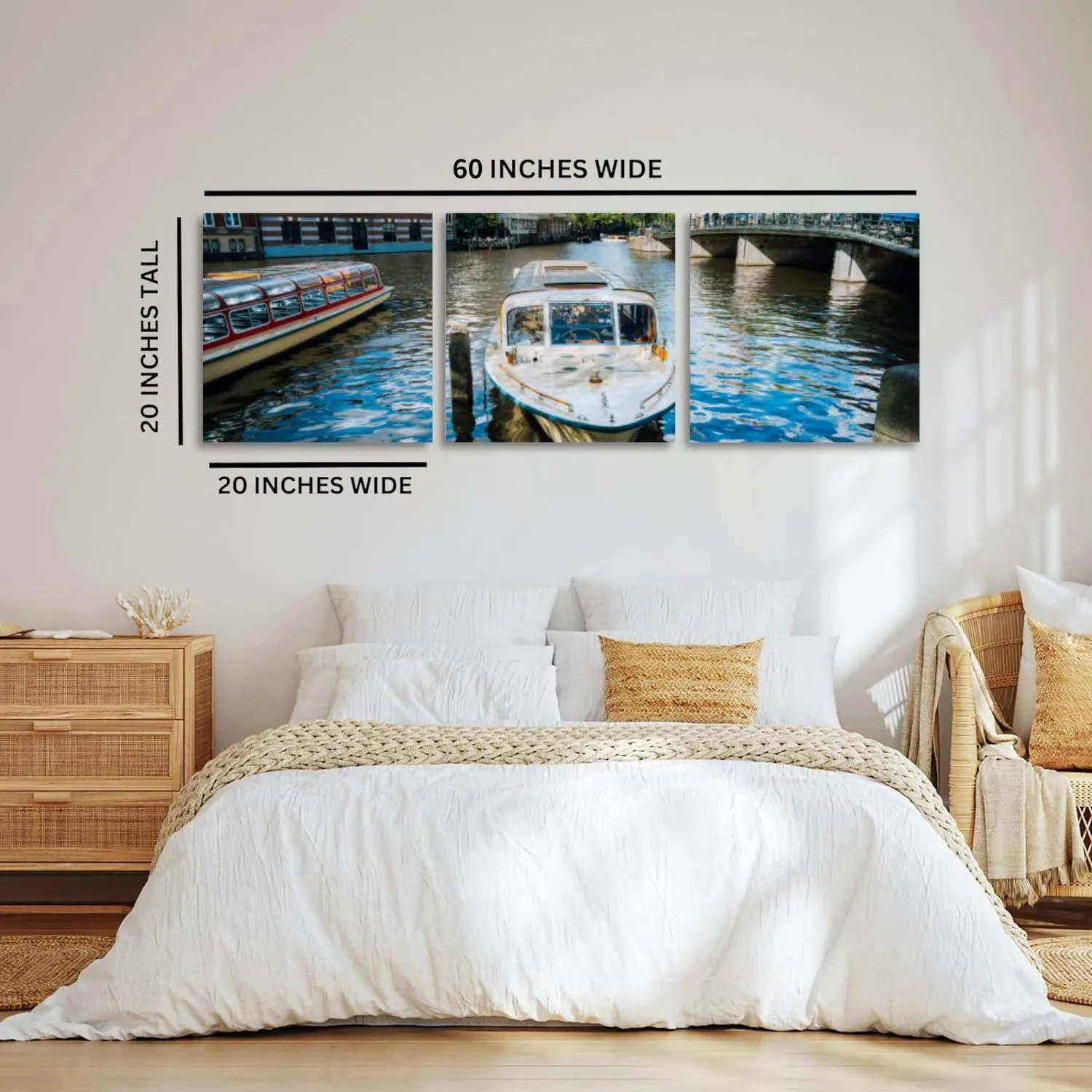 View the bridge through the river channel boat front typical picture 3 Piece Canvas Wall Art for Living Room Bedroom Office Framed Prints Pictures Painting Wall Decor Artwork for Walls Set of 3