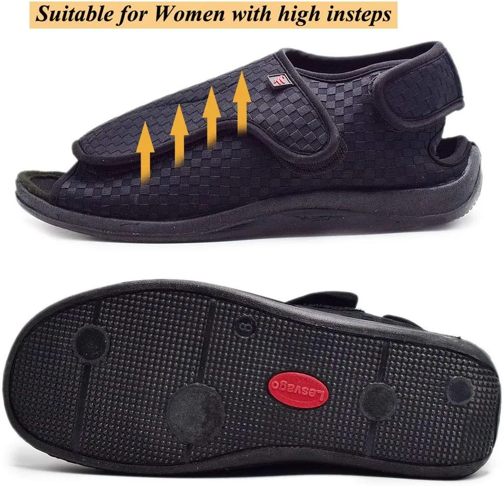 W&LESVAGO Women's Diabetic Slippers, Soft Breathable Fish Mouth Flatform Sandals, Wide Width Adjustable Edema Shoes for Elderly