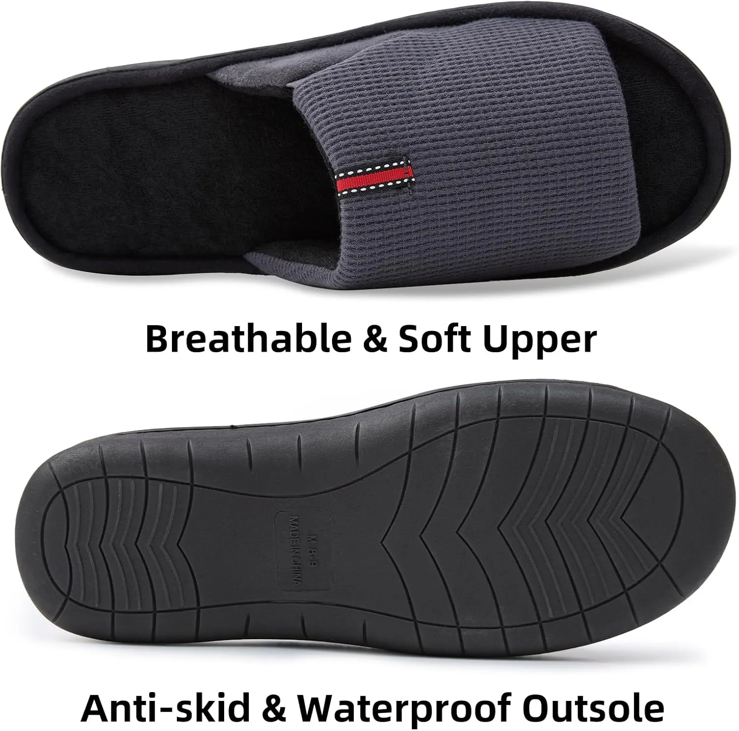 Washable Men's Open Toe House Slippers Lightweight Elastic Top Comfy Slip on Indoor Slippers for Men Breathable Non-Slip Soft Bedroom for All Season Black GreyBlack NavyBlue US8-14