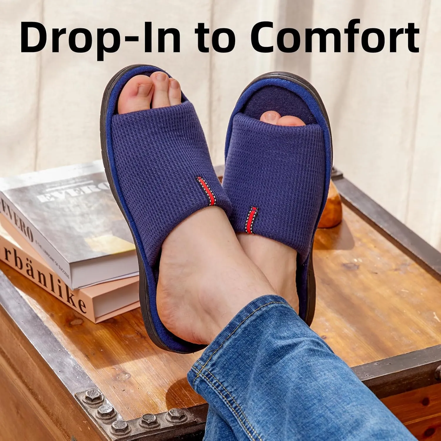 Washable Men's Open Toe House Slippers Lightweight Elastic Top Comfy Slip on Indoor Slippers for Men Breathable Non-Slip Soft Bedroom for All Season Black GreyBlack NavyBlue US8-14