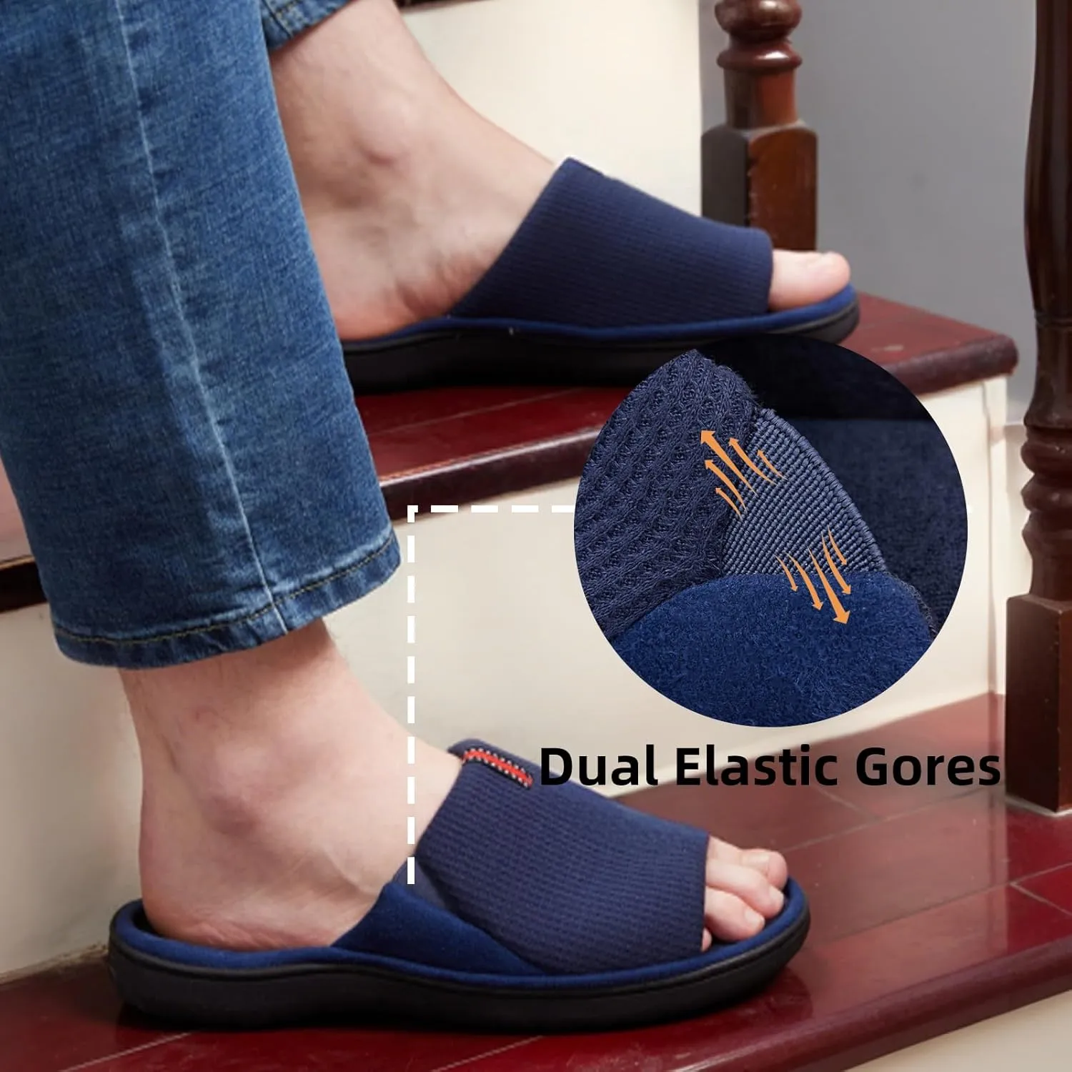 Washable Men's Open Toe House Slippers Lightweight Elastic Top Comfy Slip on Indoor Slippers for Men Breathable Non-Slip Soft Bedroom for All Season Black GreyBlack NavyBlue US8-14