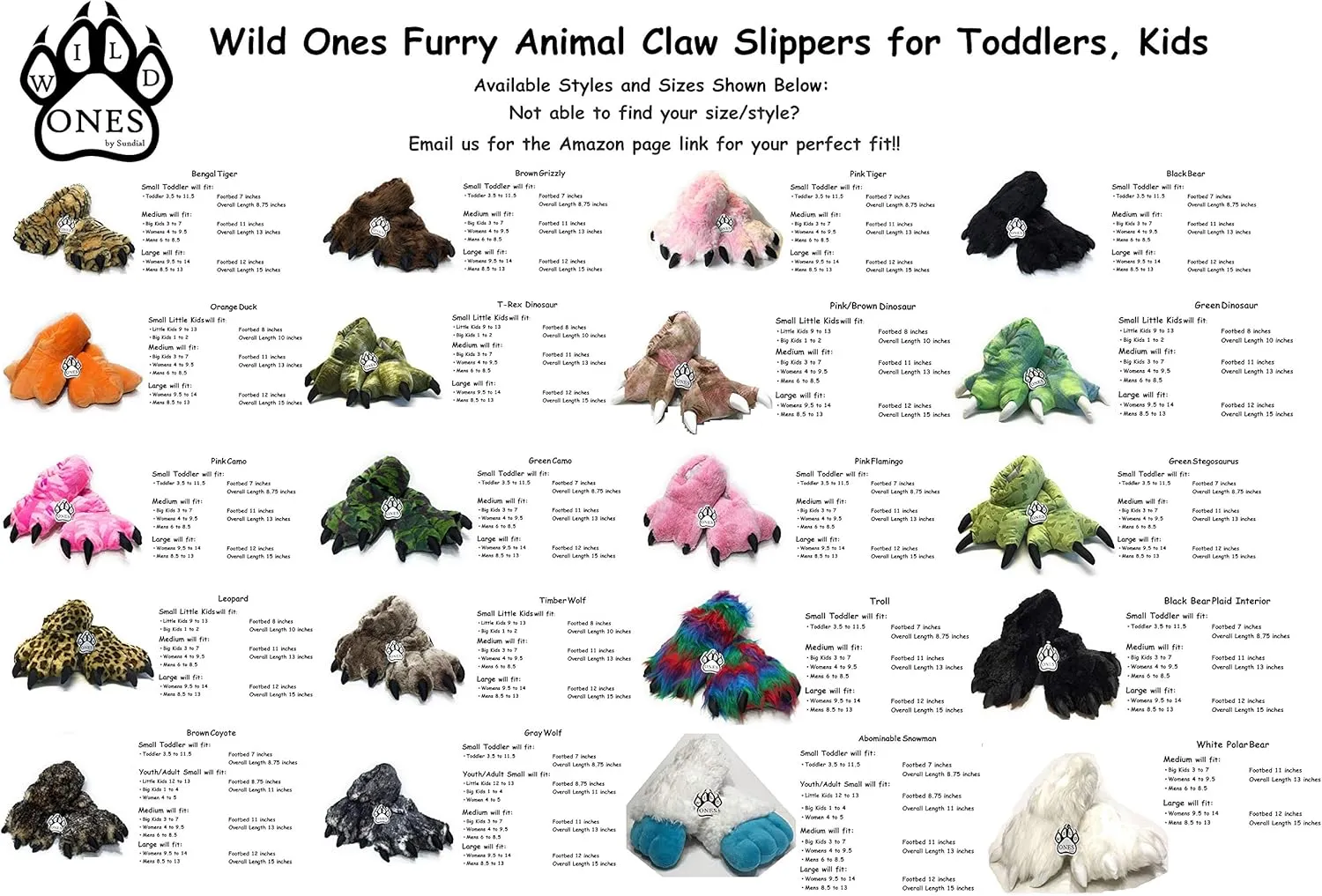 Wild Ones Furry Animal Claw Slippers for Toddlers, Kids and Adults