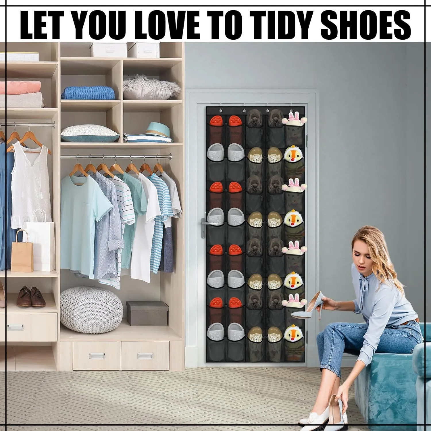 Windyun 40 Large over the Door Hanging Shoe Organizer Black Mesh Pockets Shoe Rack for Closet Behind Door Hanger Storage Holder Nonslip for Cruise Essentials, Dorm Room Storage, Utility Room