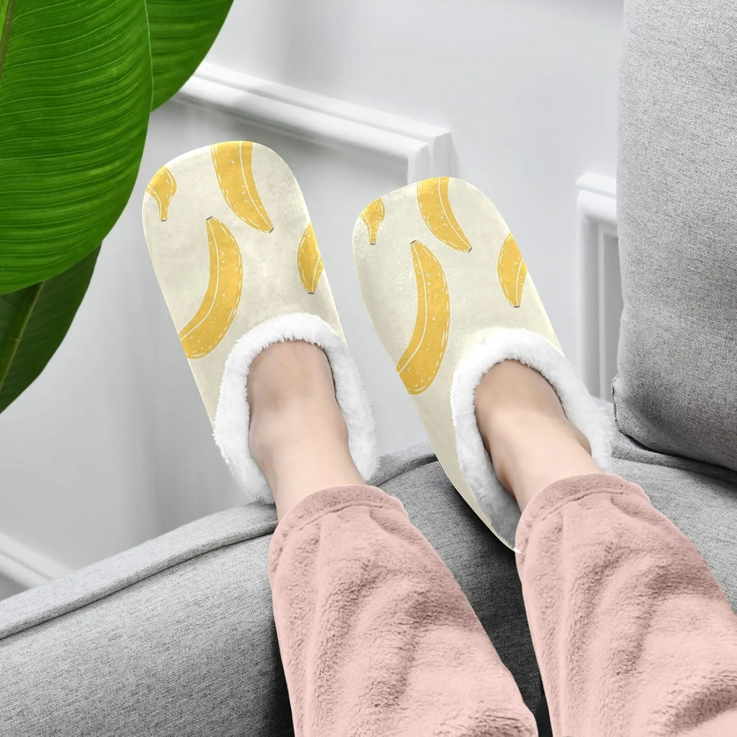 Winter House Slippers for Women/Men with Seamless Yellow Banana Pattern Element Cozy Fleece Slippers