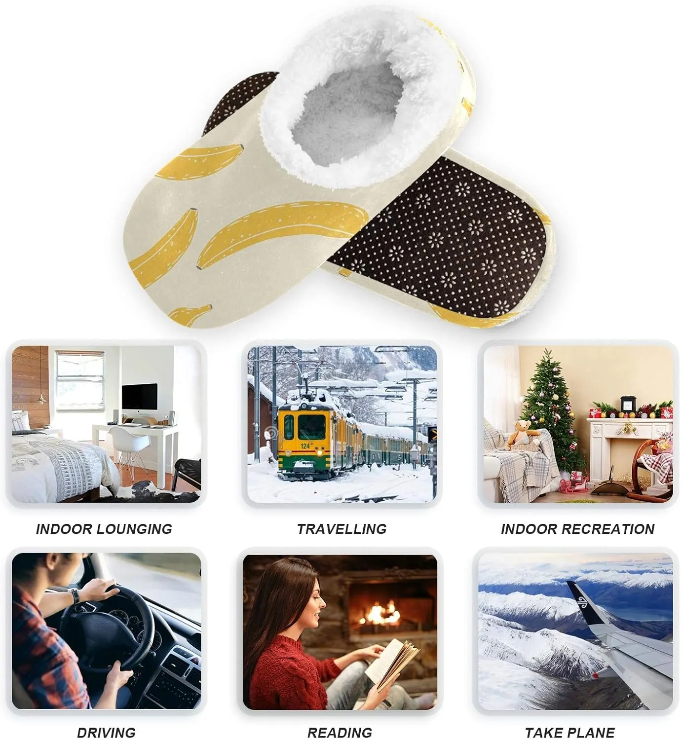 Winter House Slippers for Women/Men with Seamless Yellow Banana Pattern Element Cozy Fleece Slippers