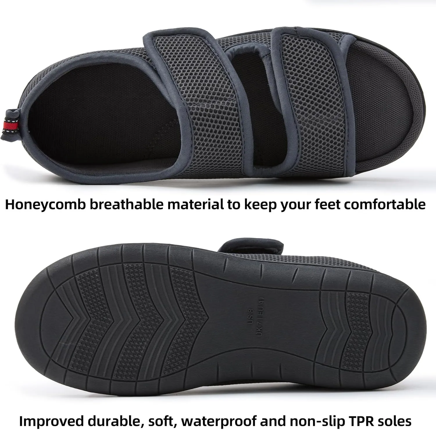 Women Men's Open Toe Diabetic Recovery Slippers Adjustable Slipper with Anti-Slip Indoor Outdoor Sole Grey Black Beige Color US6-US13