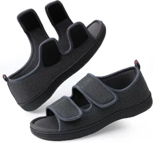 Women Men's Open Toe Diabetic Recovery Slippers Adjustable Slipper with Anti-Slip Indoor Outdoor Sole Grey Black Beige Color US6-US13