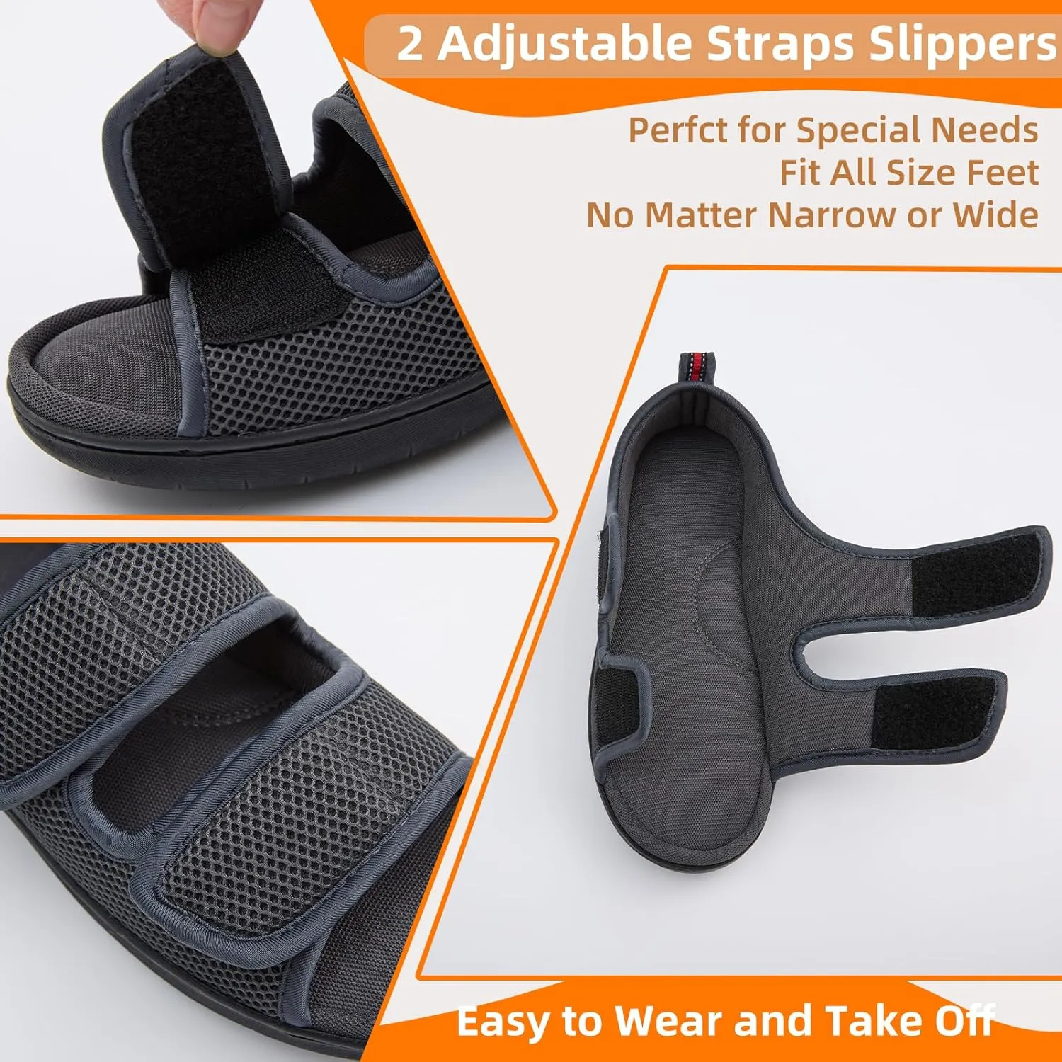Women Men's Open Toe Diabetic Recovery Slippers Adjustable Slipper with Anti-Slip Indoor Outdoor Sole Grey Black Beige Color US6-US13