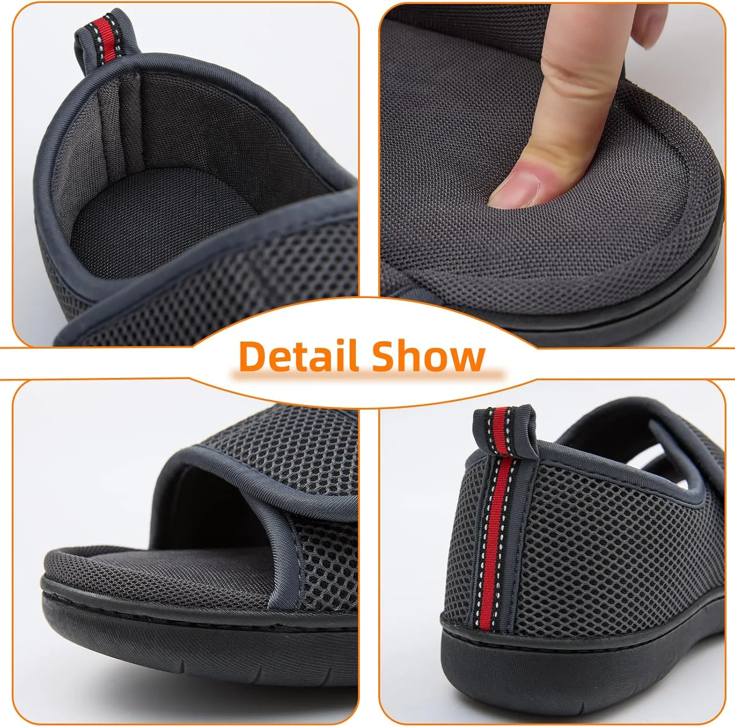 Women Men's Open Toe Diabetic Recovery Slippers Adjustable Slipper with Anti-Slip Indoor Outdoor Sole Grey Black Beige Color US6-US13