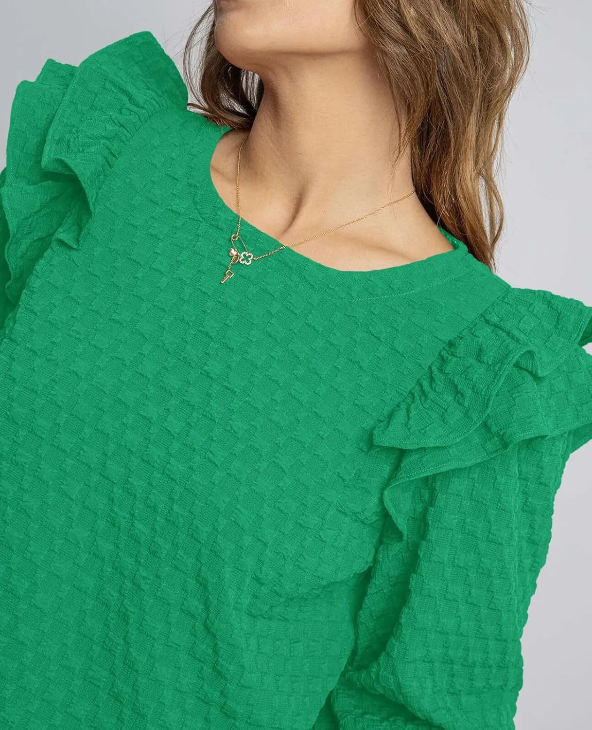 Womens 3/4 Puff Sleeve Blouses Tops Texture Dressy Casual Boat Neck Ruffle Shoulder Trendy Basic Tunic Shirts