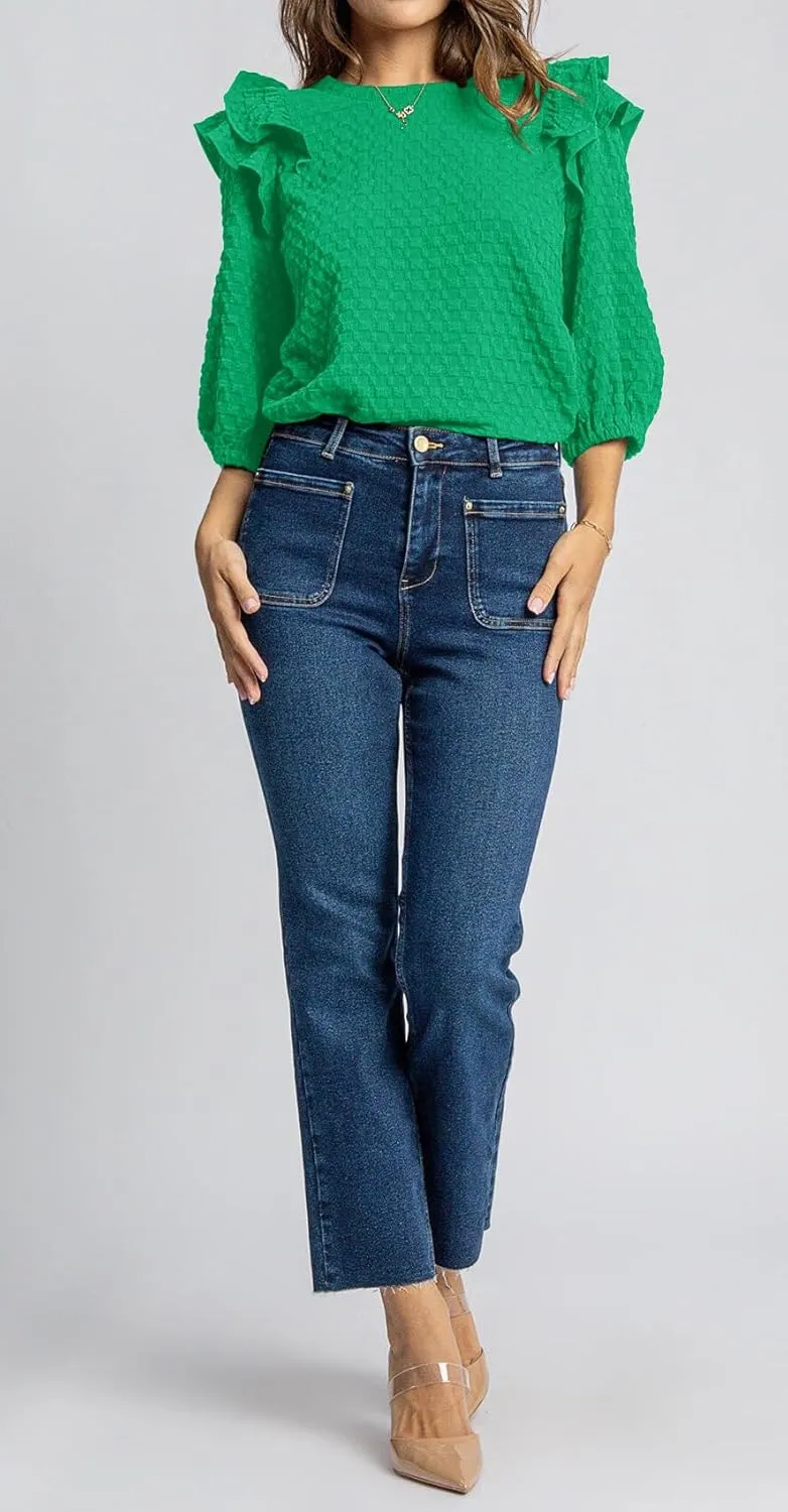 Womens 3/4 Puff Sleeve Blouses Tops Texture Dressy Casual Boat Neck Ruffle Shoulder Trendy Basic Tunic Shirts
