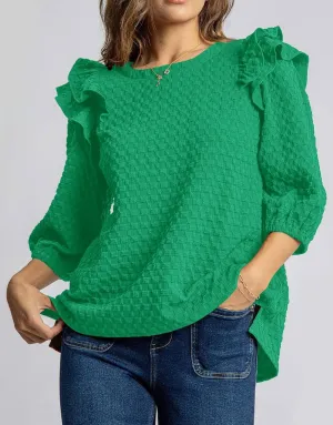 Womens 3/4 Puff Sleeve Blouses Tops Texture Dressy Casual Boat Neck Ruffle Shoulder Trendy Basic Tunic Shirts
