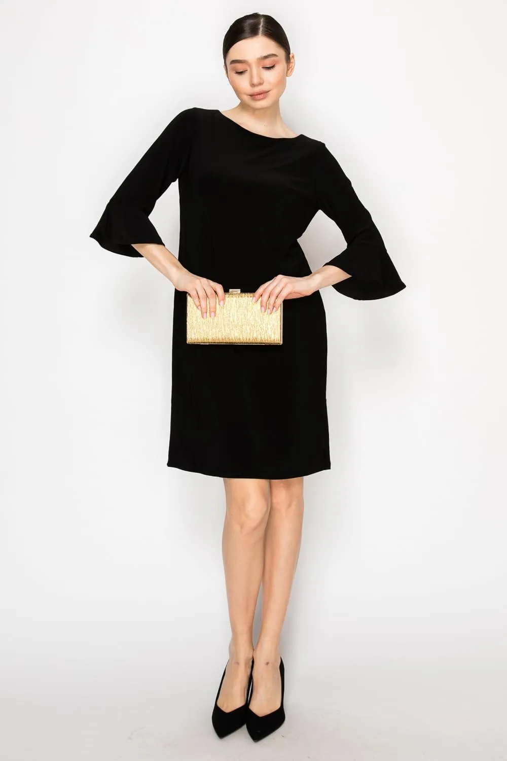 Women's Bell Sleeve Shift Dress, Knee Length, 3/4 Ruffle Sleeves, Boat Neck