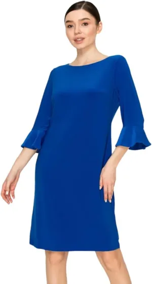 Women's Bell Sleeve Shift Dress, Knee Length, 3/4 Ruffle Sleeves, Boat Neck