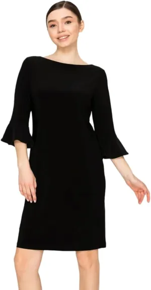 Women's Bell Sleeve Shift Dress, Knee Length, 3/4 Ruffle Sleeves, Boat Neck