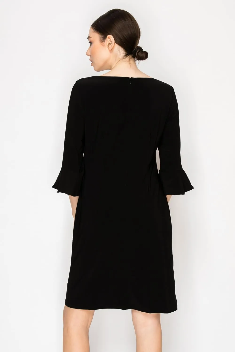Women's Bell Sleeve Shift Dress, Knee Length, 3/4 Ruffle Sleeves, Boat Neck