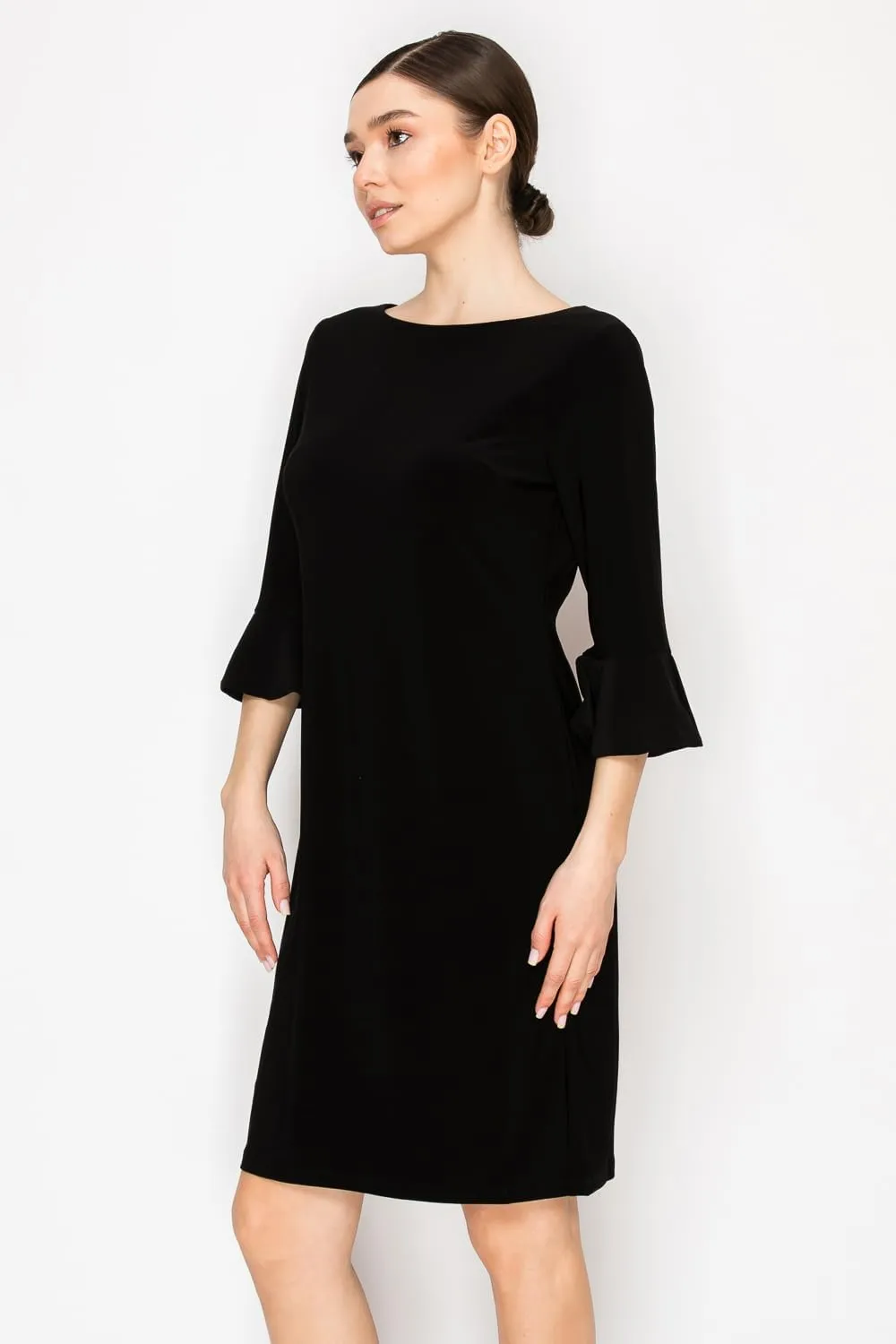 Women's Bell Sleeve Shift Dress, Knee Length, 3/4 Ruffle Sleeves, Boat Neck