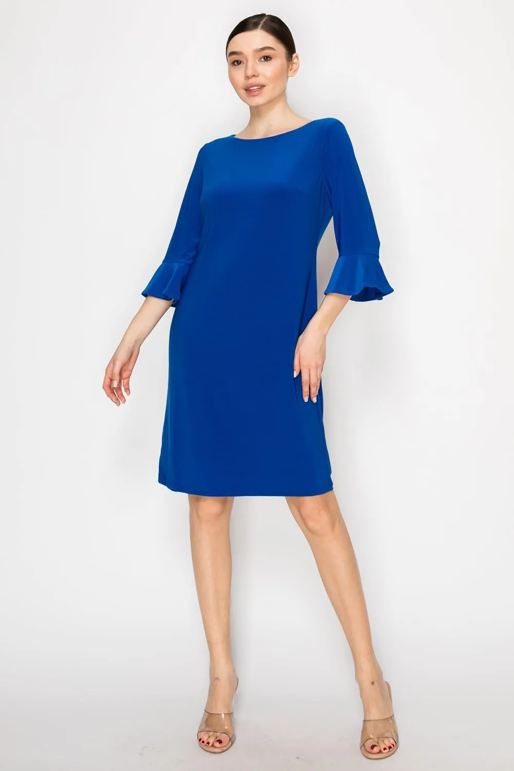 Women's Bell Sleeve Shift Dress, Knee Length, 3/4 Ruffle Sleeves, Boat Neck