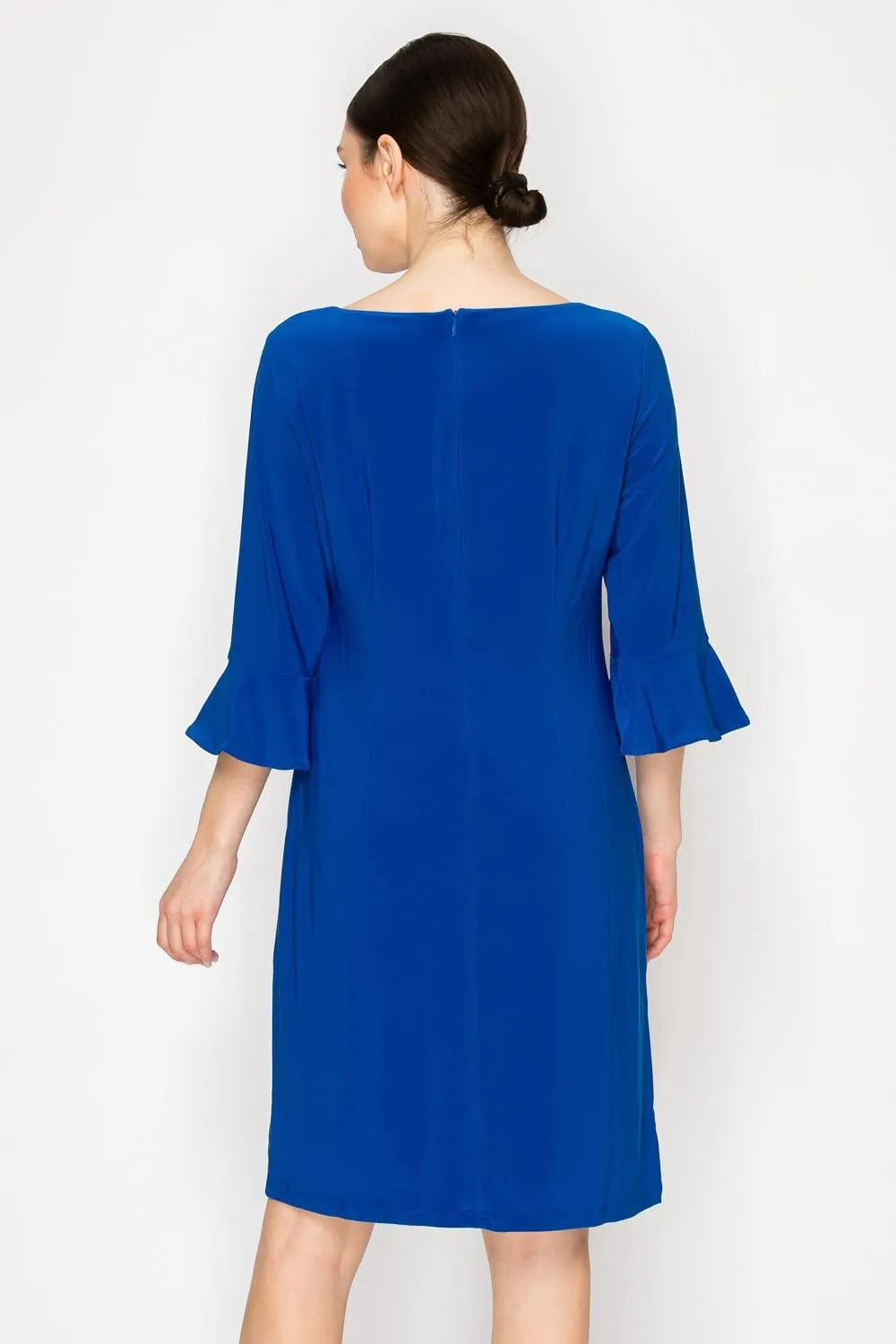 Women's Bell Sleeve Shift Dress, Knee Length, 3/4 Ruffle Sleeves, Boat Neck