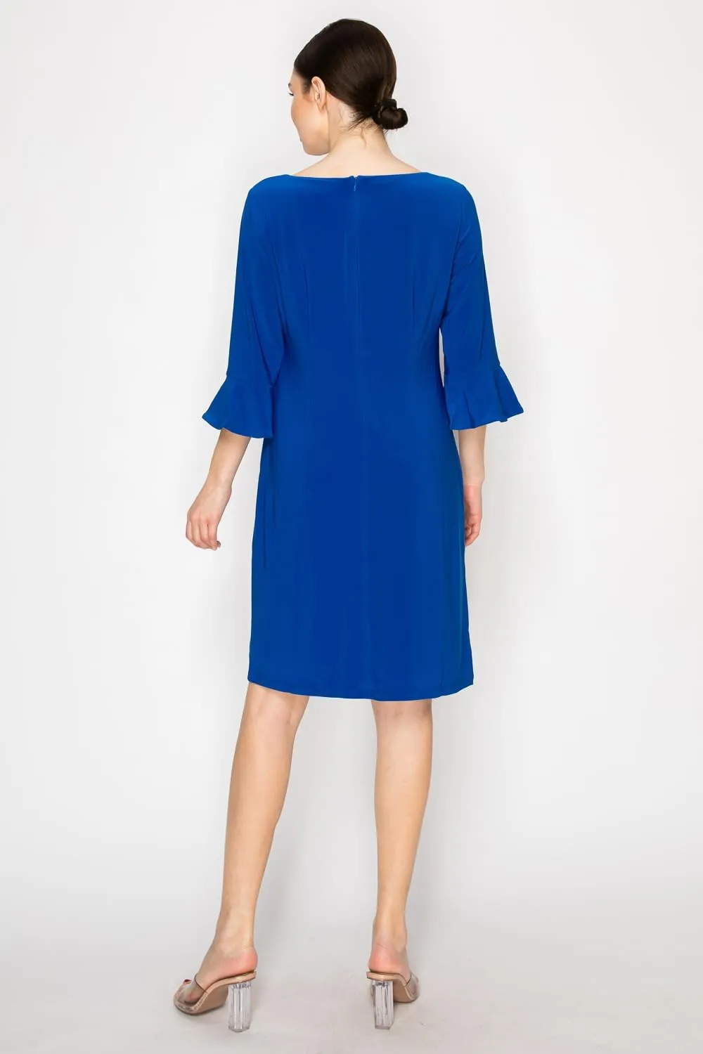 Women's Bell Sleeve Shift Dress, Knee Length, 3/4 Ruffle Sleeves, Boat Neck