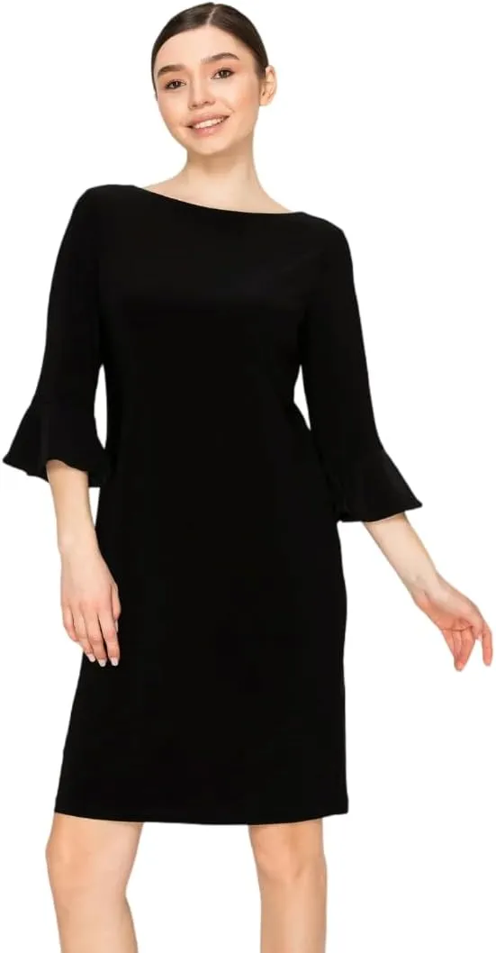 Women's Bell Sleeve Shift Dress, Knee Length, 3/4 Ruffle Sleeves, Boat Neck