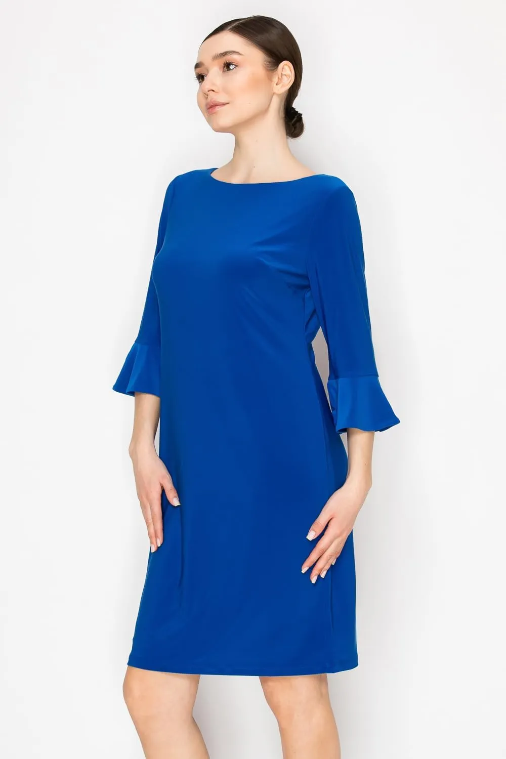 Women's Bell Sleeve Shift Dress, Knee Length, 3/4 Ruffle Sleeves, Boat Neck
