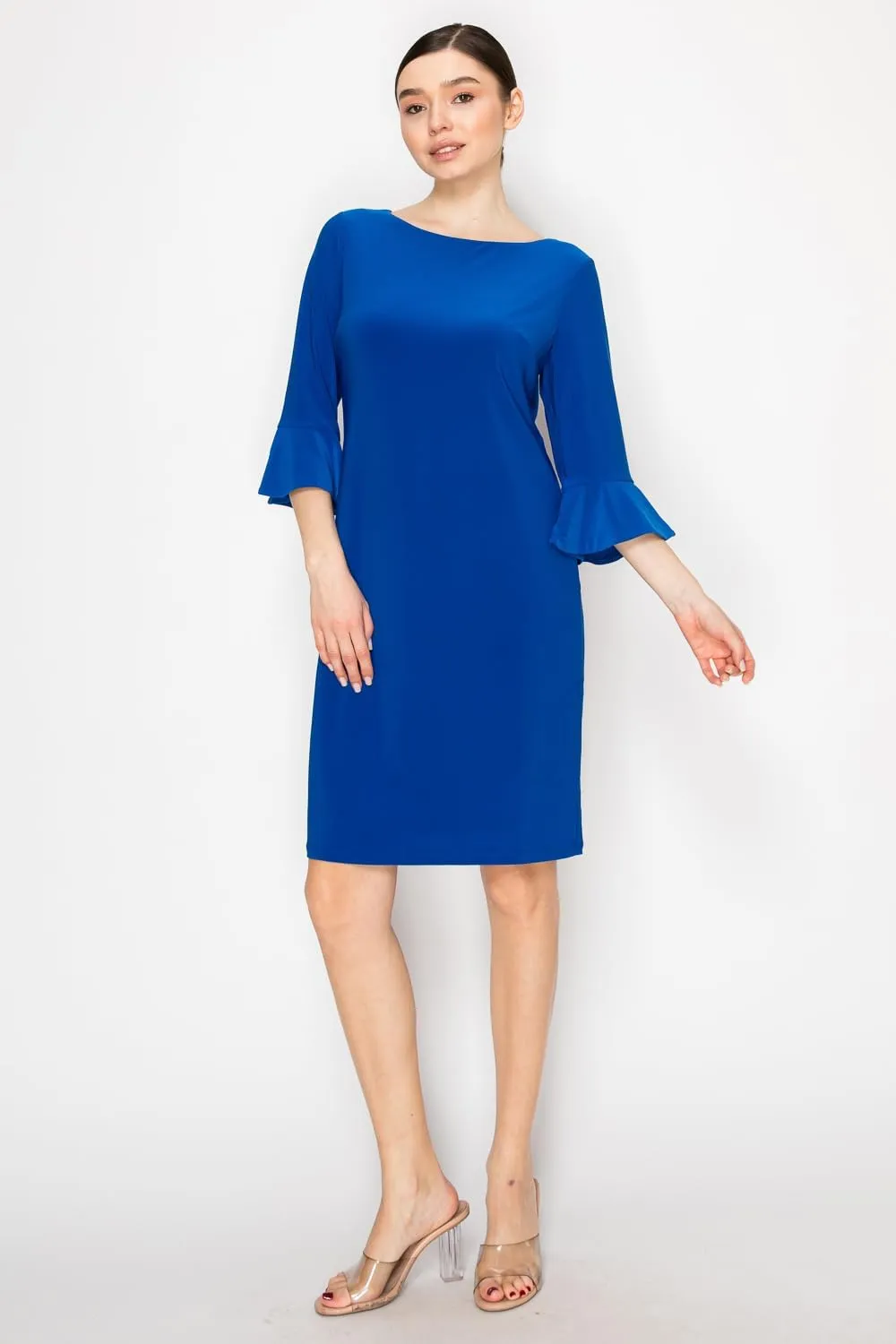Women's Bell Sleeve Shift Dress, Knee Length, 3/4 Ruffle Sleeves, Boat Neck