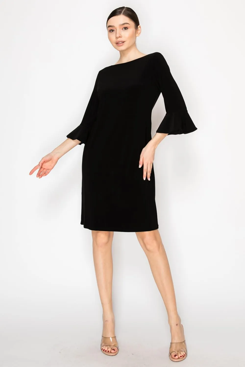Women's Bell Sleeve Shift Dress, Knee Length, 3/4 Ruffle Sleeves, Boat Neck