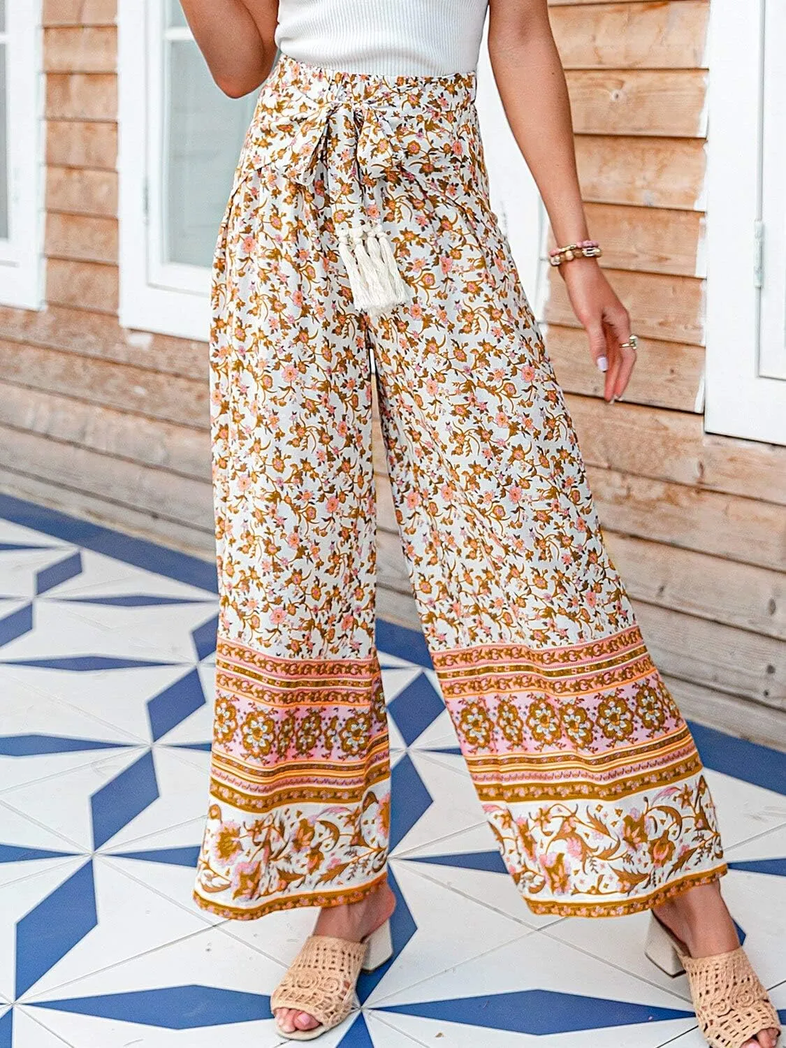 Women's Boho High Waisted Palazzo Pants Summer Beach Wide Leg Flowy Pants