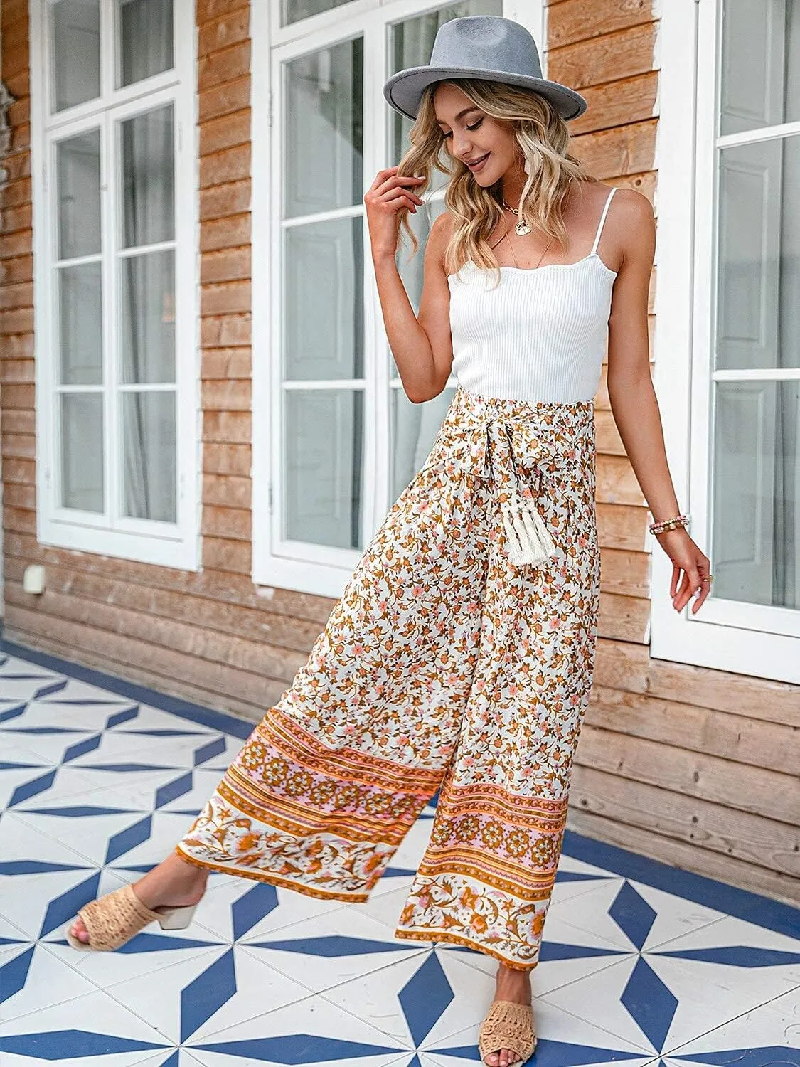 Women's Boho High Waisted Palazzo Pants Summer Beach Wide Leg Flowy Pants