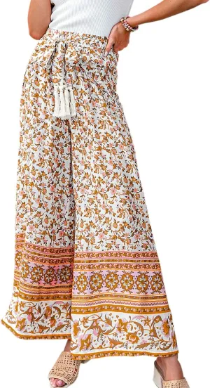 Women's Boho High Waisted Palazzo Pants Summer Beach Wide Leg Flowy Pants