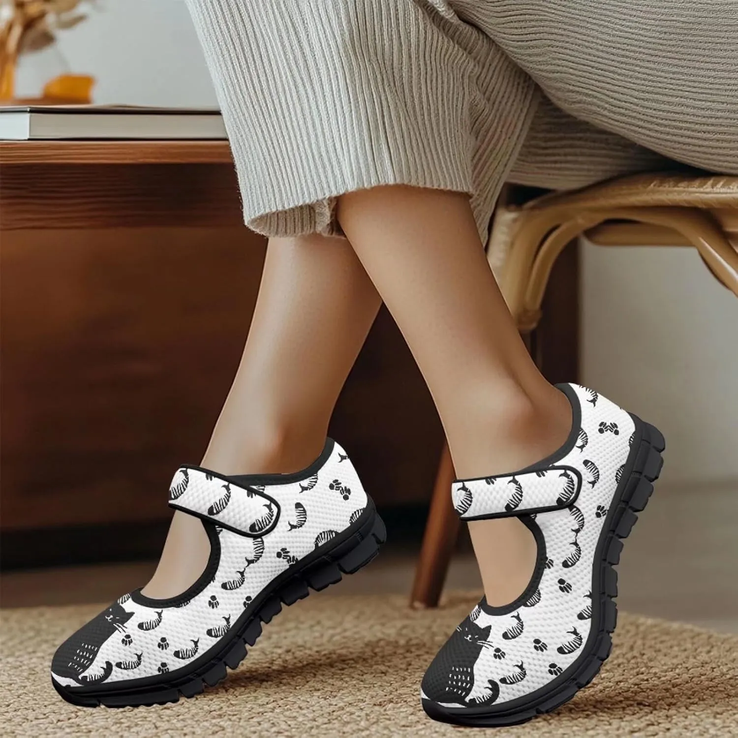 Womens Cat Print Mary Jane Shoes Non Slip Breathable Casual Flats Lightweight Closed Toe Walking Sneakers