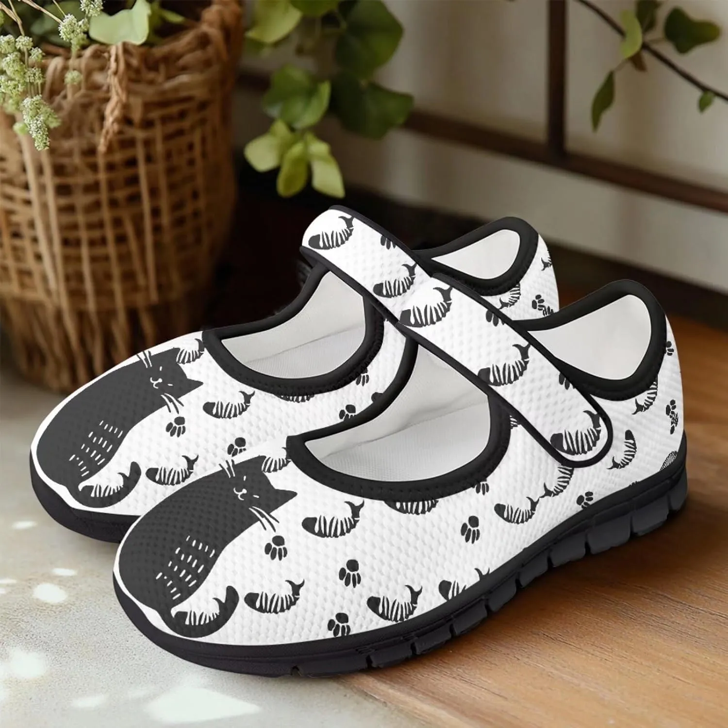 Womens Cat Print Mary Jane Shoes Non Slip Breathable Casual Flats Lightweight Closed Toe Walking Sneakers