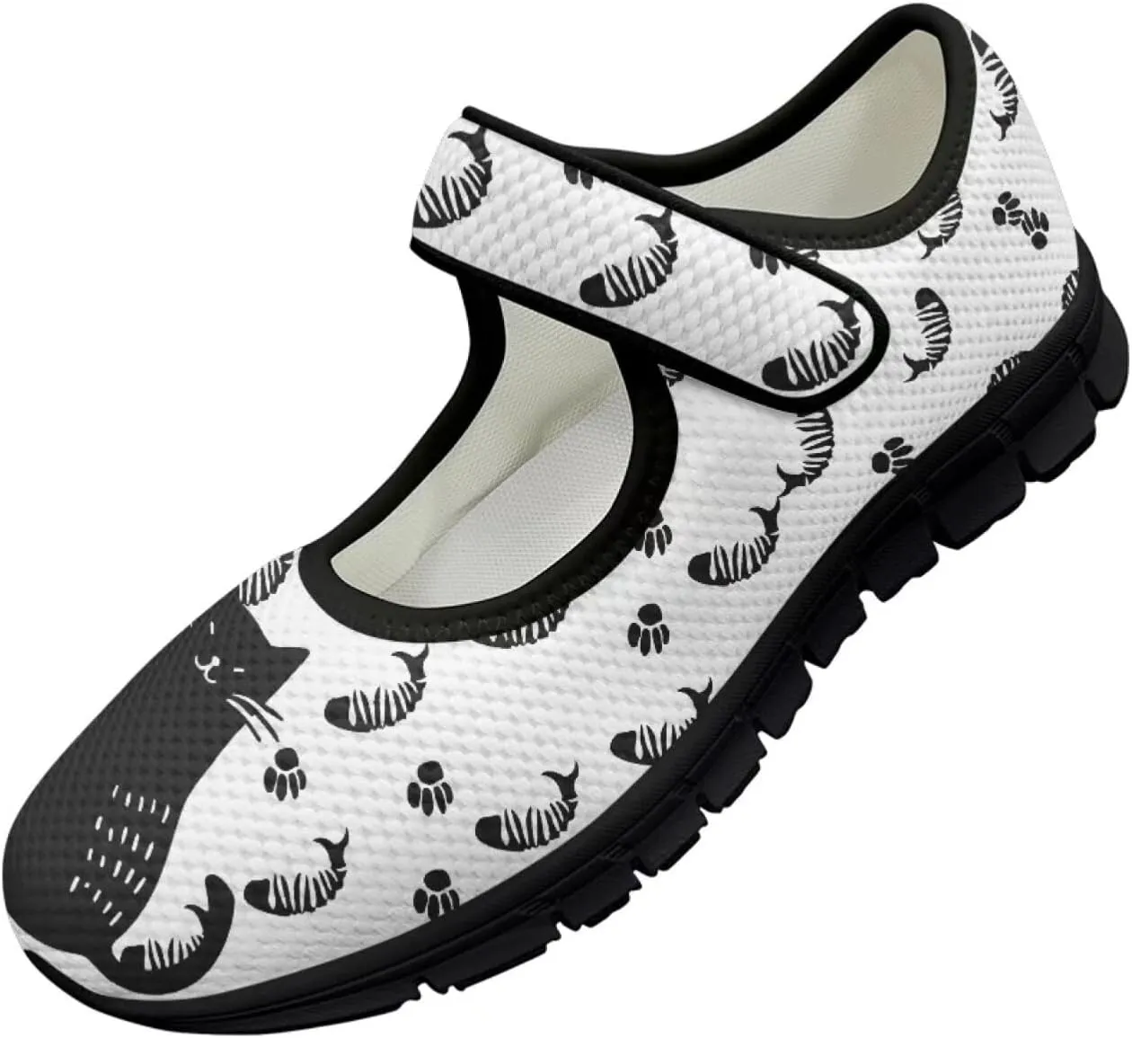 Womens Cat Print Mary Jane Shoes Non Slip Breathable Casual Flats Lightweight Closed Toe Walking Sneakers