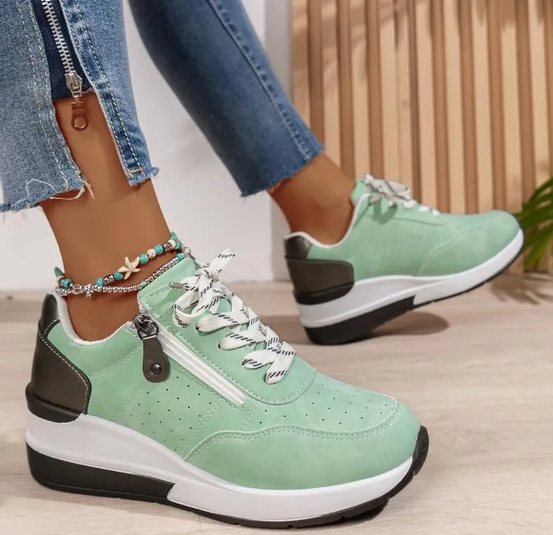 Women's Fashion Sneakers Low-Top Lace-Up Casual Solid Color Shoes with Side Zipper Comfortable Lightweight Casual Walking Shoes