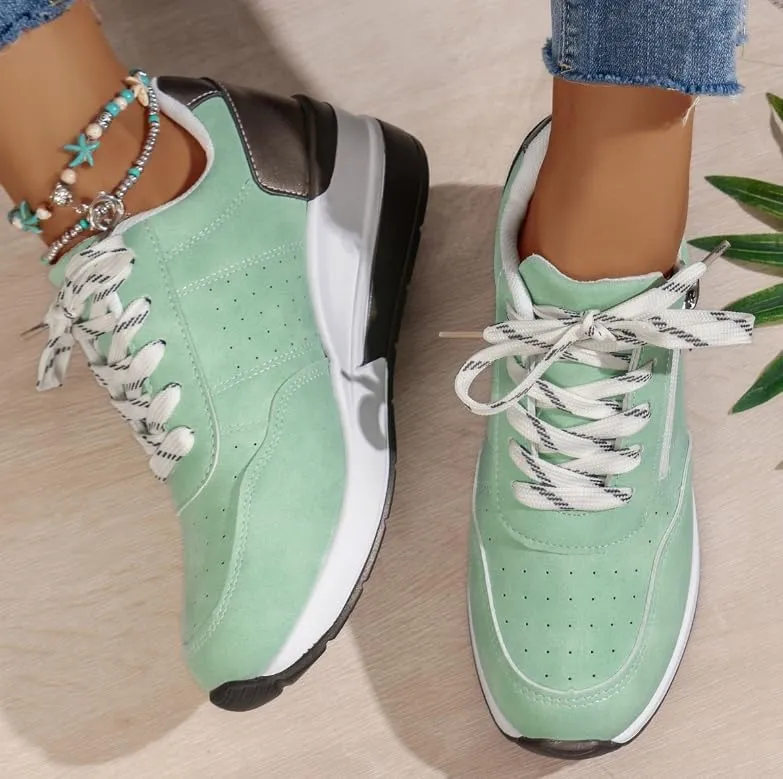 Women's Fashion Sneakers Low-Top Lace-Up Casual Solid Color Shoes with Side Zipper Comfortable Lightweight Casual Walking Shoes