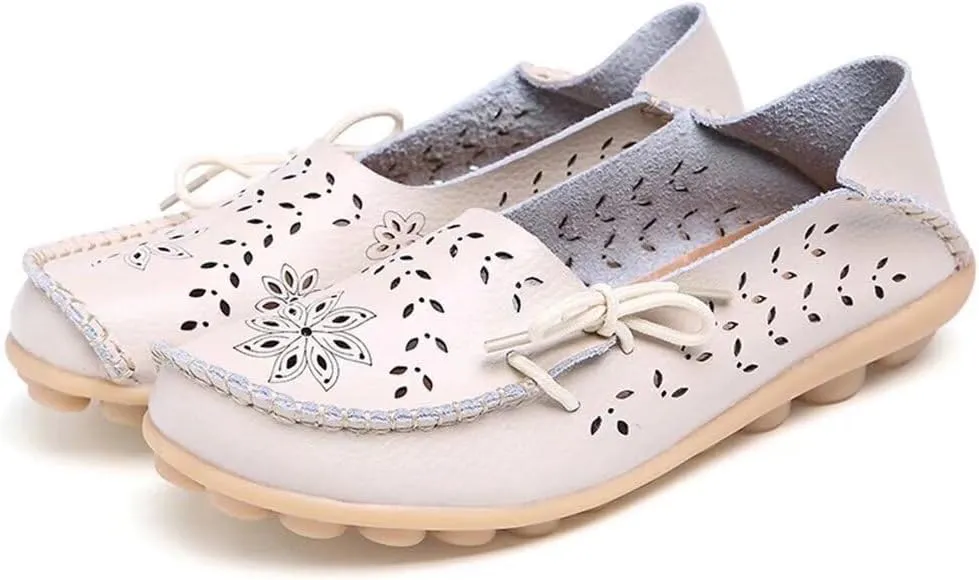 Women's Floral Leather Slipper Loafers Flat Shoes Slip-Ons