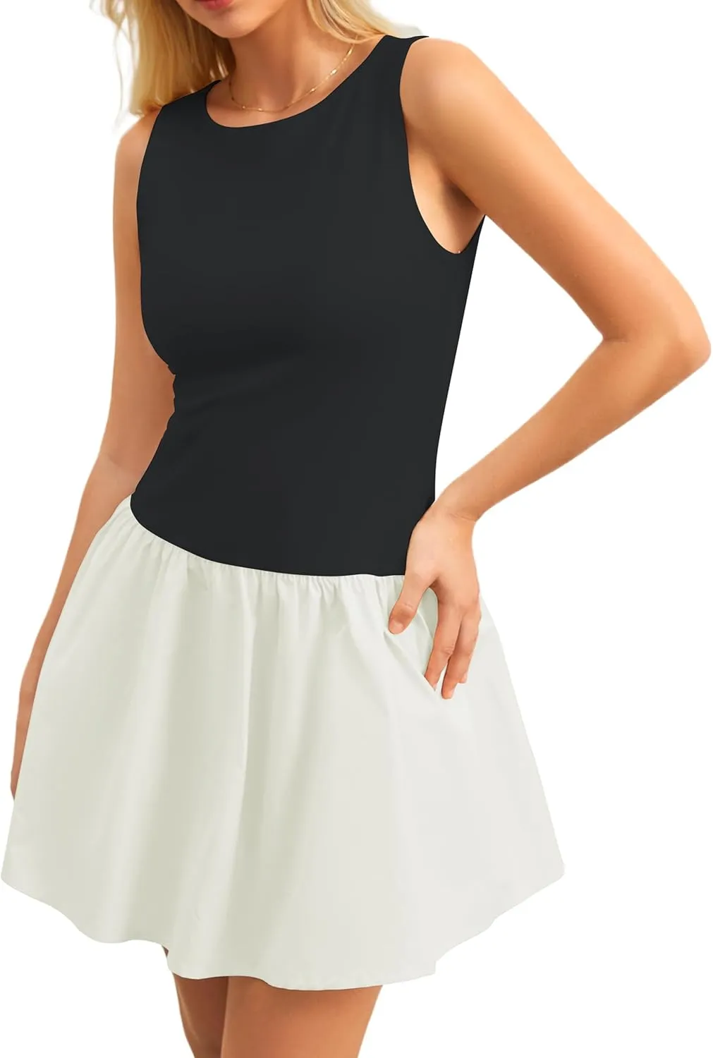 Women's Flowy Mini Tank Dress Sleeveless Boat Neck Solid Slim Fit Puffy Beach Short Summer Dresses