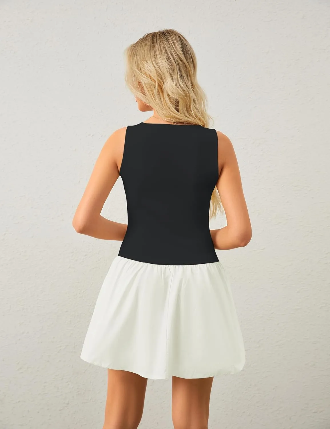 Women's Flowy Mini Tank Dress Sleeveless Boat Neck Solid Slim Fit Puffy Beach Short Summer Dresses