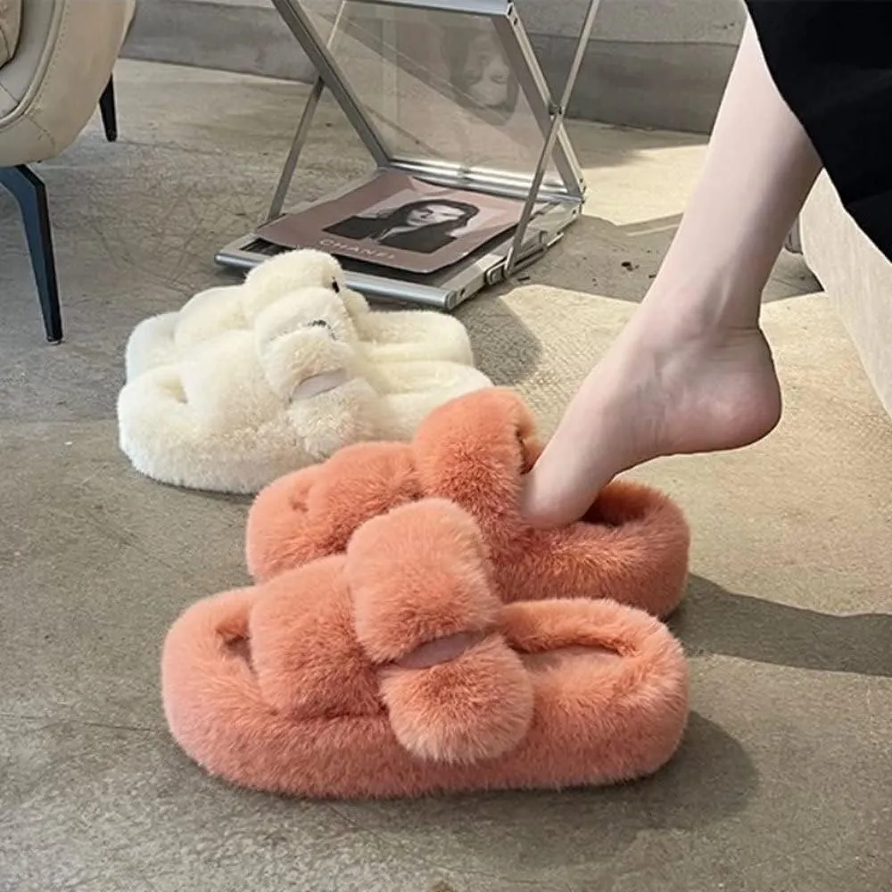 Women's Fuzzy Slippers Open Toe Fur Slides Fluffy Plush Slippers Furry Slip On Slippers House Shoes