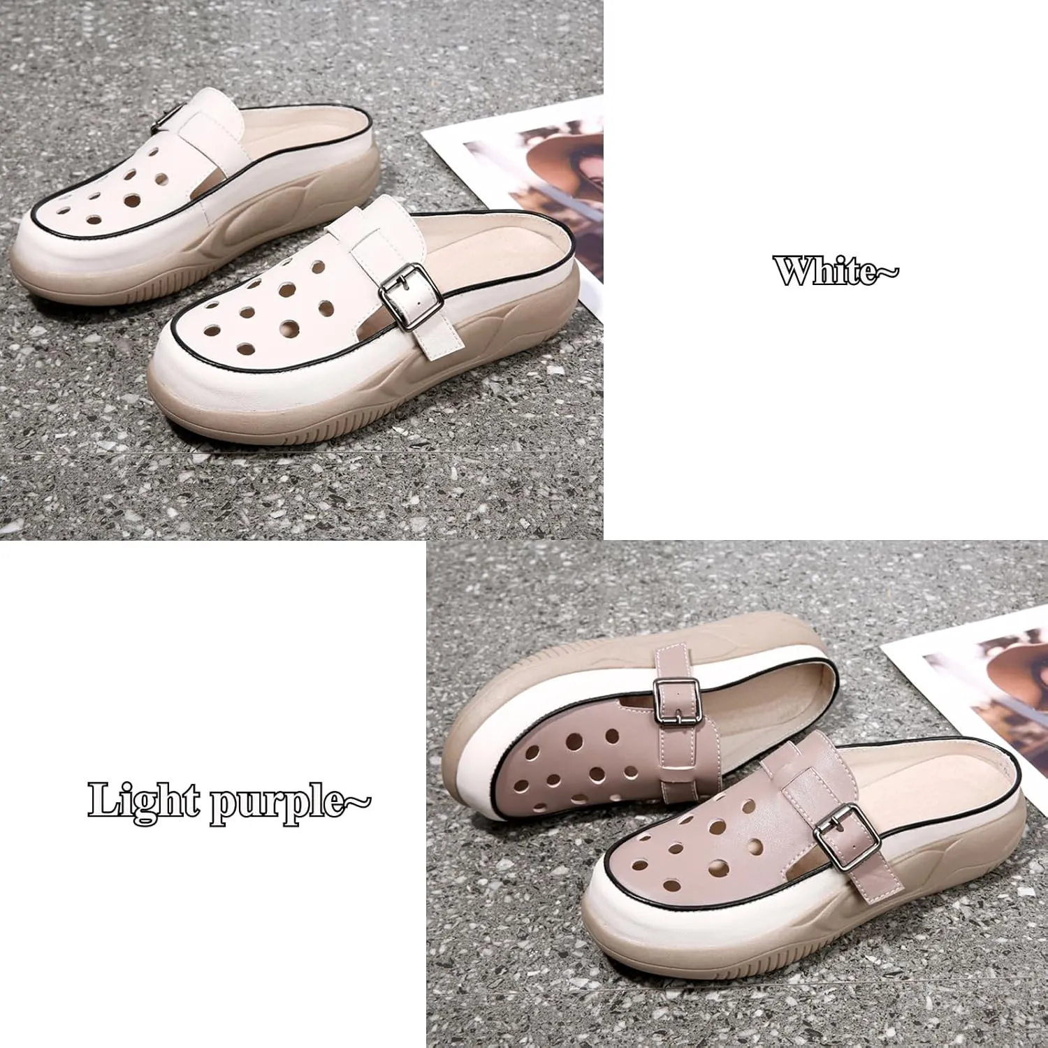 Women'S Hollow Breathable Mule Sandals,Soft Leather Comfortable Casual Mules Sandals Slippers,Increased Height Platform Garden Clog Sandals