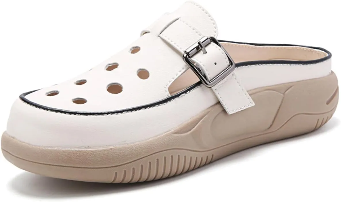 Women'S Hollow Breathable Mule Sandals,Soft Leather Comfortable Casual Mules Sandals Slippers,Increased Height Platform Garden Clog Sandals