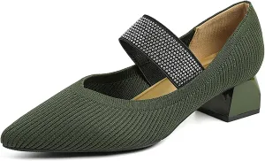Women's Knit Stretchy Closed Pointed Toe Chunky Heel Mary Janes Fashion Comfortable Mesh Breathable Rhinestones Elastic Strap Slip-On Low Heel Dress Pumps for Work Business Leisure Walk