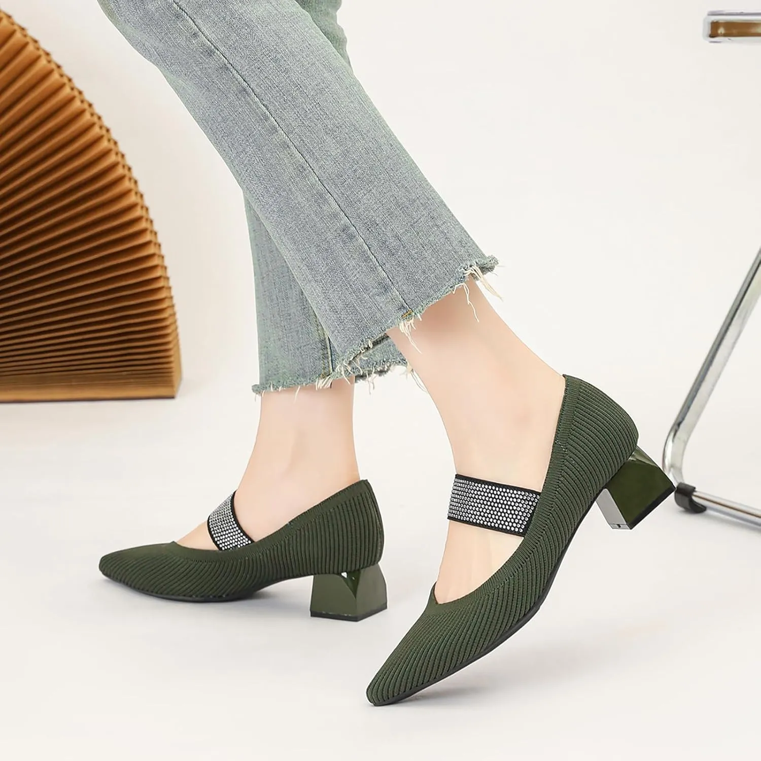 Women's Knit Stretchy Closed Pointed Toe Chunky Heel Mary Janes Fashion Comfortable Mesh Breathable Rhinestones Elastic Strap Slip-On Low Heel Dress Pumps for Work Business Leisure Walk